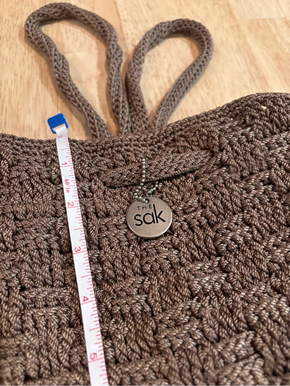 The Sak Brown Taupe Crochet Drawstring Mini Backpack Purse Boho Y2K